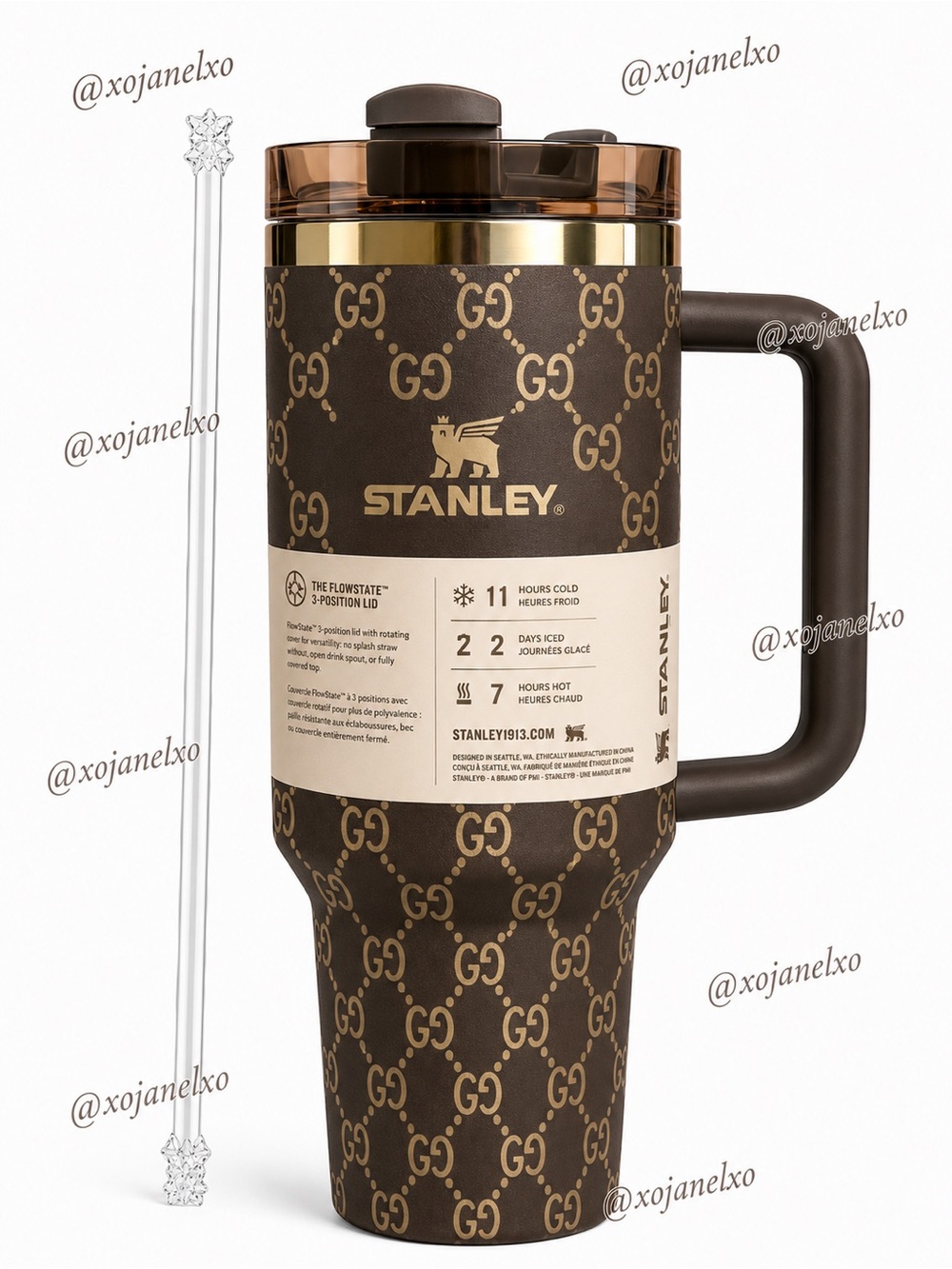 Stanley Chocolate Brown & Gold Patterned Travel Mug with Handle
